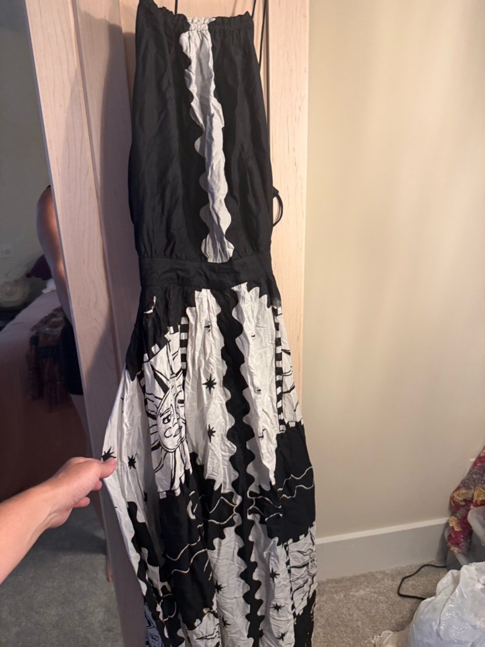 Anthropologie Black and White Strapless Maxi Dress with Sun & Star Print